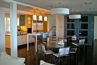 Example of a mid-sized trendy u-shaped dark wood floor open concept kitchen design in Other with flat-panel cabinets, solid surface countertops, stainless steel appliances and an island