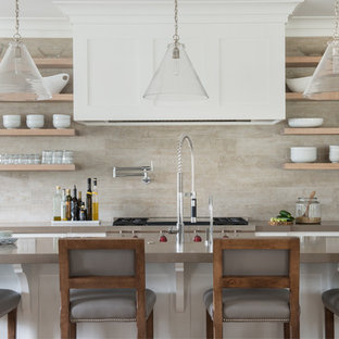 Transitional kitchen designs - Kitchen - transitional kitchen idea in New York with open cabinets, light wood cabinets, beige backsplash and an island