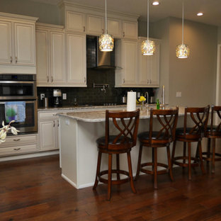 Mid-sized transitional eat-in kitchen appliance - Inspiration for a mid-sized transitional galley dark wood floor and brown floor eat-in kitchen remodel in Tampa with an undermount sink, raised-panel cabinets, white cabinets, granite countertops, black backsplash, subway tile backsplash, stainless steel appliances and an island