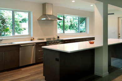 Inspiration for a large 1950s l-shaped medium tone wood floor and brown floor kitchen remodel in Miami with an undermount sink, flat-panel cabinets, dark wood cabinets, stainless steel appliances and an island