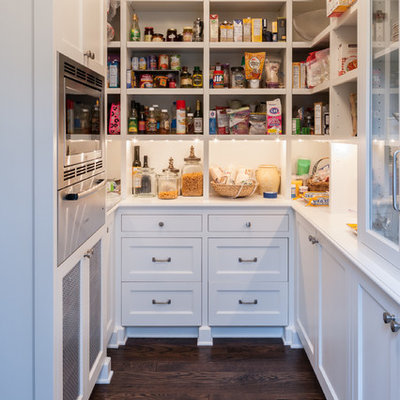 Kitchen pantry - traditional dark wood floor kitchen pantry idea in Seattle with recessed-panel cabinets, white cabinets and stainless steel appliances