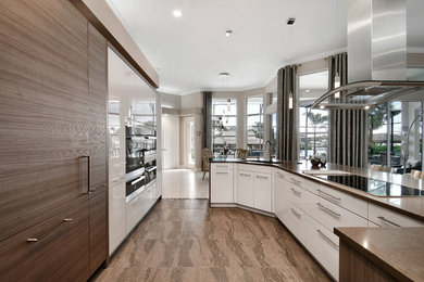 Trendy kitchen photo in Orlando with paneled appliances