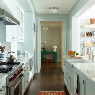 Ispirazione per una piccola cucina tradizionale con ante in stile shaker, ante blu, top in marmo, paraspruzzi bianco, paraspruzzi in lastra di pietra, elettrodomestici in acciaio inossidabile, lavello stile country e parquet scuro