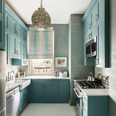 Enclosed kitchen - small transitional u-shaped enclosed kitchen idea in New York with a farmhouse sink, shaker cabinets, marble countertops, stainless steel appliances, no island and turquoise cabinets