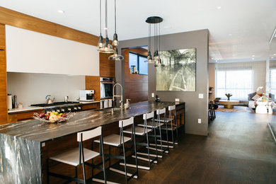 Mid-sized minimalist galley dark wood floor and brown floor eat-in kitchen photo in San Francisco with a single-bowl sink, flat-panel cabinets, medium tone wood cabinets, white backsplash, stainless steel appliances and a peninsula