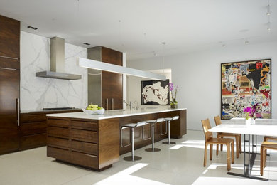 Пример оригинального дизайна: прямая кухня среднего размера в стиле модернизм