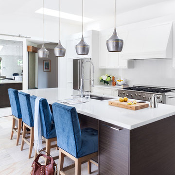North Vancouver- Modern Kitchen, Beige Tile Floor, Upholstered Counter stools, W