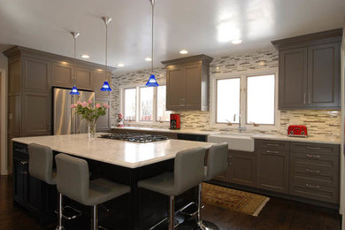 Eat-in kitchen - large transitional l-shaped dark wood floor eat-in kitchen idea in Chicago with a farmhouse sink, shaker cabinets, gray cabinets, marble countertops, multicolored backsplash, mosaic tile backsplash, stainless steel appliances and an island