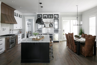 Large country eat-in kitchen photo in Louisville with flat-panel cabinets, white cabinets, quartz countertops and an island