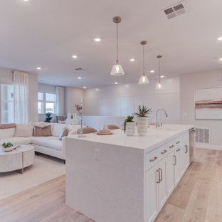 Open concept kitchen designs - Inspiration for a single-wall open concept kitchen remodel in San Francisco with an undermount sink, recessed-panel cabinets, stainless steel appliances and an island