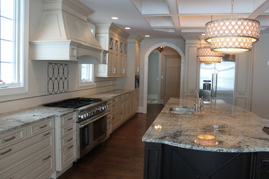 Example of a large transitional dark wood floor open concept kitchen design in DC Metro with a double-bowl sink, raised-panel cabinets, beige cabinets, stainless steel appliances, an island, granite countertops, beige backsplash and ceramic backsplash