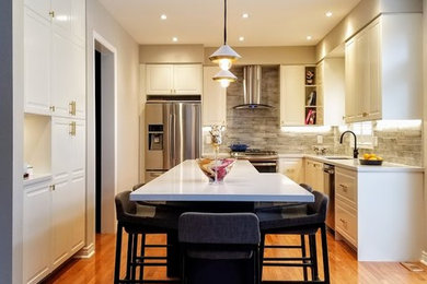 Large transitional l-shaped light wood floor and orange floor open concept kitchen photo in Toronto with an undermount sink, raised-panel cabinets, white cabinets, quartz countertops, blue backsplash, ceramic backsplash, stainless steel appliances, an island and gray countertops