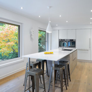 Esempio di una cucina a L design con ante lisce, ante bianche, isola, lavello a doppia vasca, top in marmo, paraspruzzi bianco, paraspruzzi in lastra di pietra, elettrodomestici in acciaio inossidabile e parquet chiaro