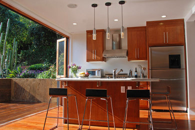 Example of a trendy galley kitchen design in San Francisco with medium tone wood cabinets and stainless steel appliances
