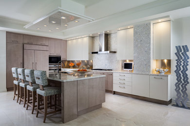 Inspiration for a large contemporary l-shaped beige floor open concept kitchen remodel in Miami with an undermount sink, flat-panel cabinets, medium tone wood cabinets, stone slab backsplash, paneled appliances and an island