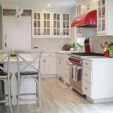 Off-White and Retro Red Accented Kitchen