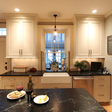 Off White Inset Kitchen with Soapstone Like Countertops