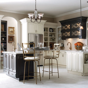 Off White Kitchen Cabinets with Dark Gray Accents