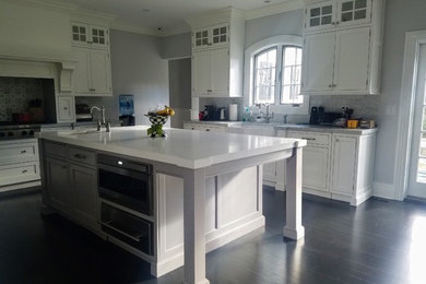 Eat-in kitchen - mid-sized transitional u-shaped dark wood floor and brown floor eat-in kitchen idea in New York with a farmhouse sink, raised-panel cabinets, gray cabinets, quartz countertops, gray backsplash, ceramic backsplash, stainless steel appliances and an island