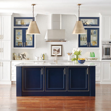 Omega Cabinetry: White Kitchen with Custom Blue Island