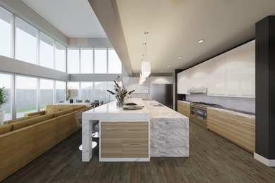 Design ideas for an expansive contemporary l-shaped kitchen/diner in Los Angeles with a double-bowl sink, flat-panel cabinets, white cabinets, engineered stone countertops, multi-coloured splashback, mosaic tiled splashback, stainless steel appliances, medium hardwood flooring and an island.