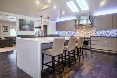 Mid-sized trendy u-shaped dark wood floor and brown floor eat-in kitchen photo in Los Angeles with an undermount sink, flat-panel cabinets, gray cabinets, solid surface countertops, multicolored backsplash, mosaic tile backsplash, stainless steel appliances and an island