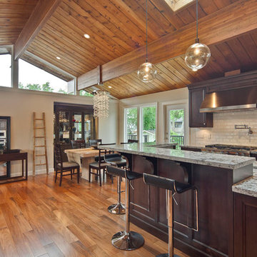 Open Concept Kitchen With Vaulted Wood Ceiling