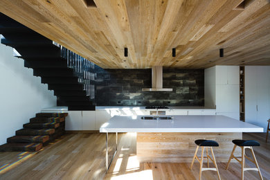 Zweizeilige, Große Moderne Wohnküche mit Unterbauwaschbecken, flächenbündigen Schrankfronten, weißen Schränken, hellem Holzboden, Kücheninsel und bunter Rückwand in Melbourne