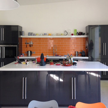 Open Plan Kitchen with Feature Orange Metro Tiles