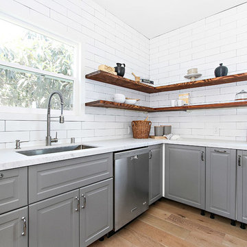 Open Shelving, White Subway Tile with Dark Grout