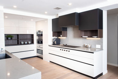 Example of a small trendy kitchen design in Phoenix with flat-panel cabinets and white cabinets