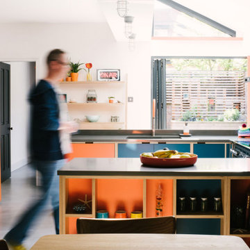 Orange and Blue Plywood Kitchen - The James's