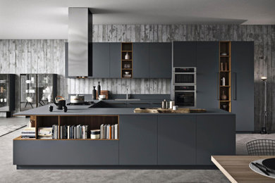 Large scandinavian u-shaped open plan kitchen in Other with grey cabinets, stainless steel appliances, no island and grey worktops.