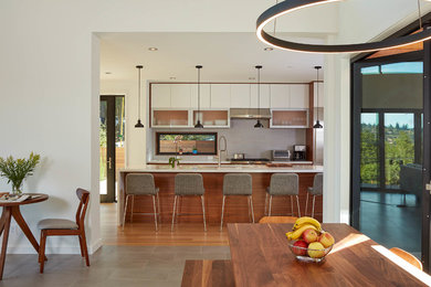 Пример оригинального дизайна: кухня в стиле модернизм с паркетным полом среднего тона и коричневым полом