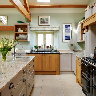 Inspiration for a rural l-shaped kitchen in Other with a submerged sink, shaker cabinets, beige cabinets, black appliances, an island, beige floors and beige worktops.