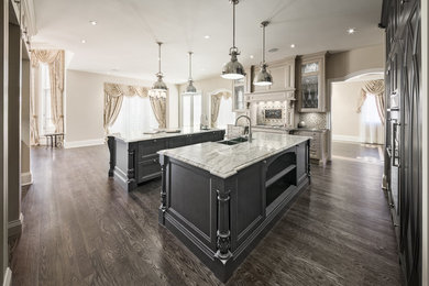 Example of a large transitional u-shaped dark wood floor and brown floor open concept kitchen design in Other with a double-bowl sink, glass-front cabinets, gray cabinets, marble countertops, multicolored backsplash, mosaic tile backsplash, stainless steel appliances and two islands