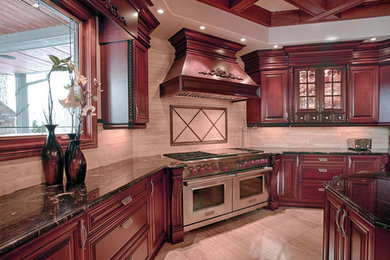 Enclosed kitchen - mid-sized contemporary u-shaped porcelain tile and beige floor enclosed kitchen idea in New York with a double-bowl sink, raised-panel cabinets, medium tone wood cabinets, quartz countertops, beige backsplash, porcelain backsplash, stainless steel appliances and an island