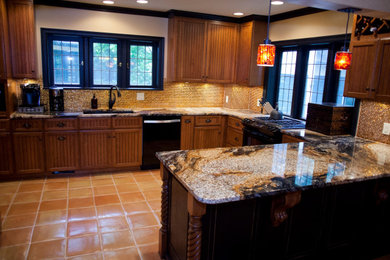 Example of a mid-sized classic u-shaped ceramic tile and brown floor kitchen pantry design in Indianapolis with a single-bowl sink, beaded inset cabinets, medium tone wood cabinets, marble countertops, multicolored backsplash, brick backsplash, stainless steel appliances, no island and multicolored countertops
