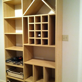 Inspiration for a mid-sized transitional kitchen pantry in Baltimore with open cabinets, medium wood cabinets and carpet.