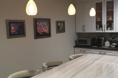 サンフランシスコにあるトランジショナルスタイルのおしゃれなキッチン (シェーカースタイル扉のキャビネット、白いキャビネット、珪岩カウンター、グレーのキッチンパネル、淡色無垢フローリング) の写真