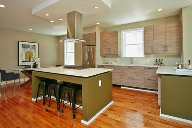 ワシントンD.C.にある中くらいなモダンスタイルのおしゃれなキッチン (フラットパネル扉のキャビネット、淡色木目調キャビネット、シルバーの調理設備、無垢フローリング、茶色い床、白いキッチンカウンター) の写真