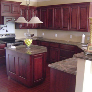 This is an example of a large traditional kitchen in Other with raised-panel cabinets, beige cabinets, granite benchtops, stainless steel appliances, dark hardwood floors and with island.