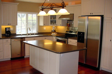 Eat-in kitchen - mid-sized traditional l-shaped dark wood floor and brown floor eat-in kitchen idea in San Diego with a double-bowl sink, raised-panel cabinets, white cabinets, laminate countertops, stainless steel appliances and an island