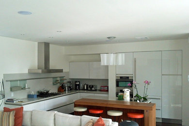 Photo of a medium sized modern l-shaped kitchen in Miami with flat-panel cabinets, white cabinets, integrated appliances and an island.