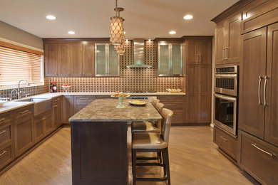 Example of a large transitional l-shaped dark wood floor enclosed kitchen design in Baltimore with a farmhouse sink, shaker cabinets, dark wood cabinets, granite countertops, multicolored backsplash, mosaic tile backsplash, paneled appliances and an island