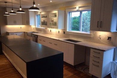 Inspiration for a large contemporary l-shaped medium tone wood floor and brown floor enclosed kitchen remodel in Detroit with a farmhouse sink, white cabinets, granite countertops, stainless steel appliances and an island