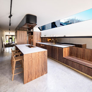 Inspiration for a modern galley kitchen in Sydney with flat-panel cabinets, brown cabinets, marble benchtops, metallic splashback, mirror splashback, with island, white benchtop, a double-bowl sink and panelled appliances.