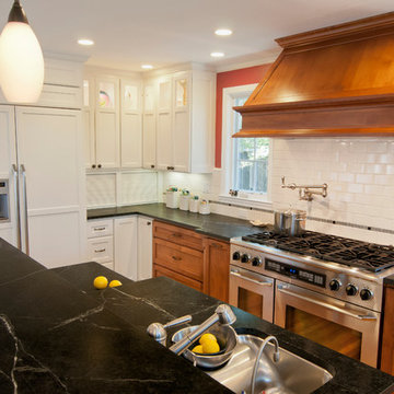 Painted and Wood Cabinetry Combined with Soapstone Countertops