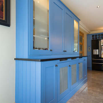 Painted kitchen in Lulworth Blue 89, Oak island worktop and Jet