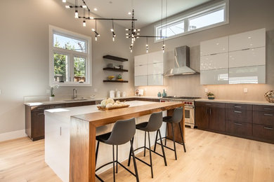Example of a trendy light wood floor and brown floor eat-in kitchen design in San Francisco with an undermount sink, stainless steel appliances and an island